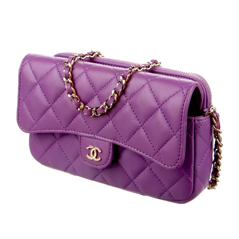 CHANEL Purple Quilted Mini Flap Bag with Gold Chain